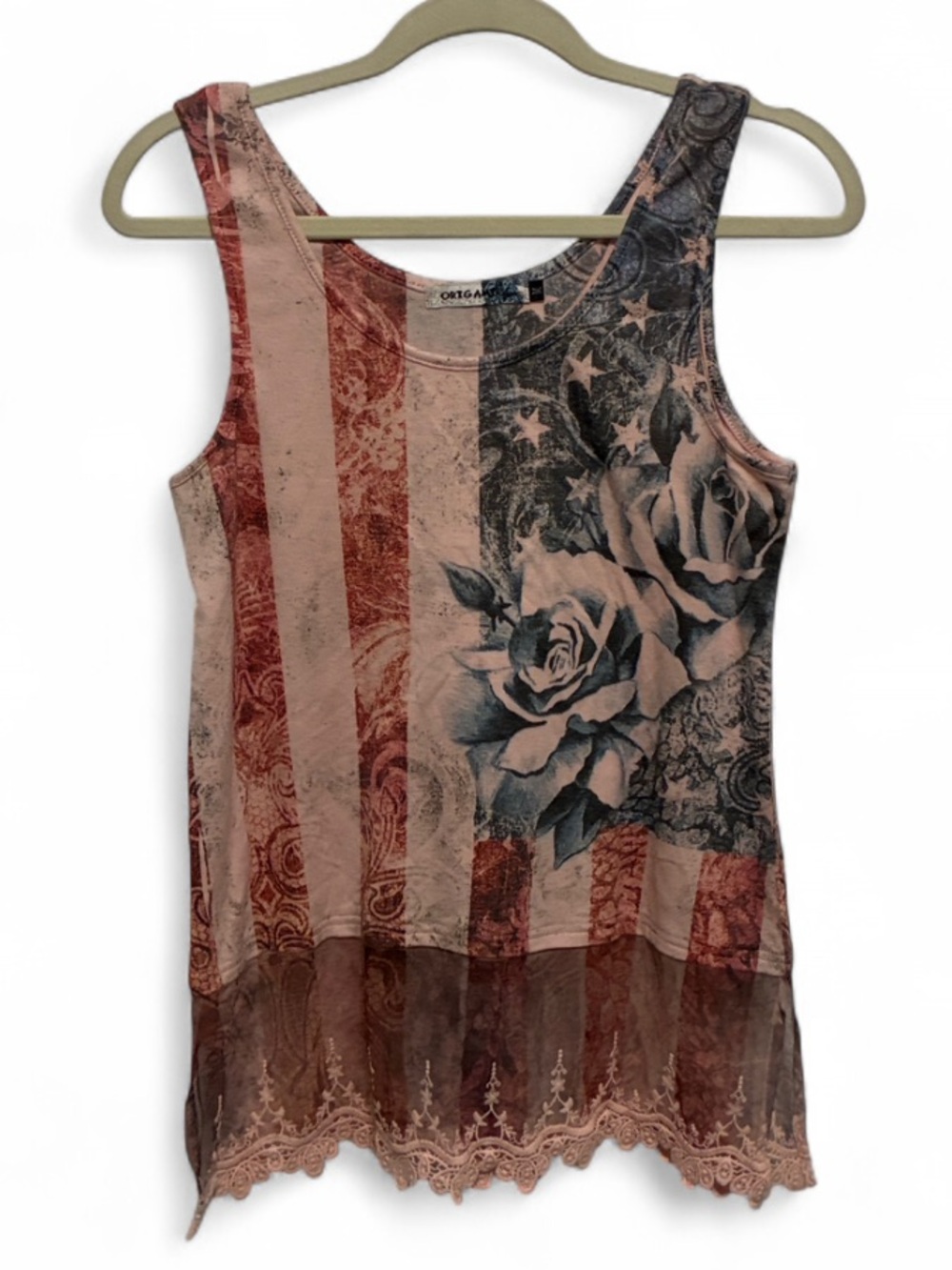 Origami Floral American Flag Lace-Hem Tank Top